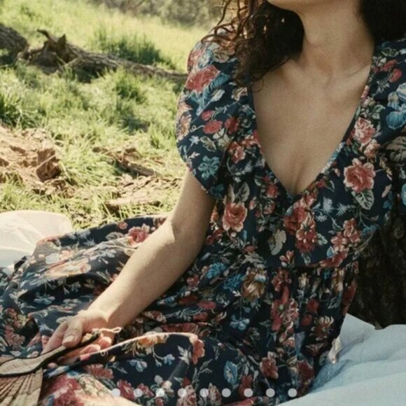 Dôen Pecos Indigo Iris Floral Midi Dress Liberty Fabric SZ SMALL - Picture 2 of 9